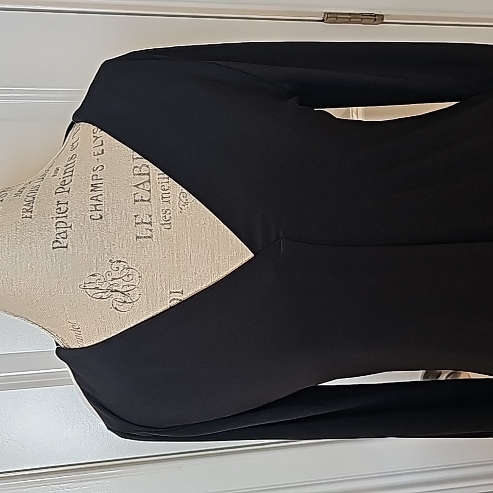 White House Black Market V-Neck Black Blouse with White Accents - Picture 5 of 9